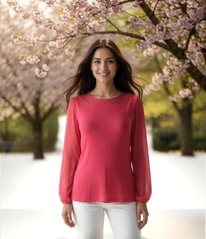 ELLE Pink Modal Long Sleeve Scoop Neck Blouse Women XS Sheer Ruched Top